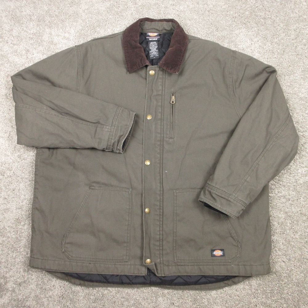 Dickies Jacket Mens 2XL Green Corduroy Collar Canvas Workwear Quilted Heavy Duty